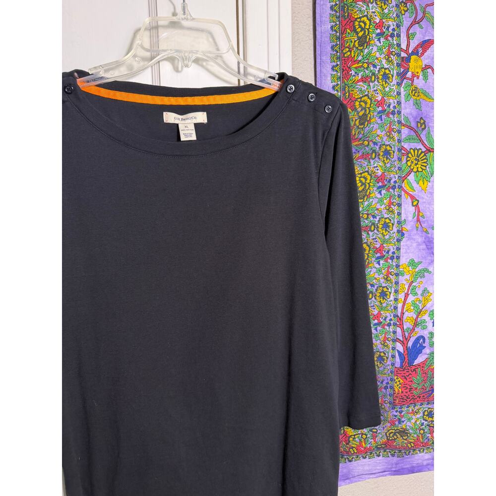 G.H. Bass & Co Women XL Black Cotton Top 3/4 Sleeve Button Shoulder Boat Neck - Picture 7 of 7